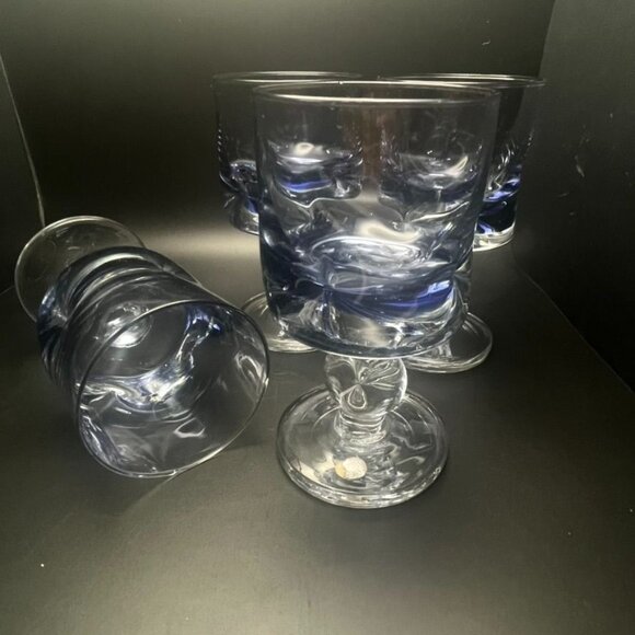 Murano Sommerso Handmade Blue Pinched Wine Goblets Set Of 4 Italy - Picture 2 of 5